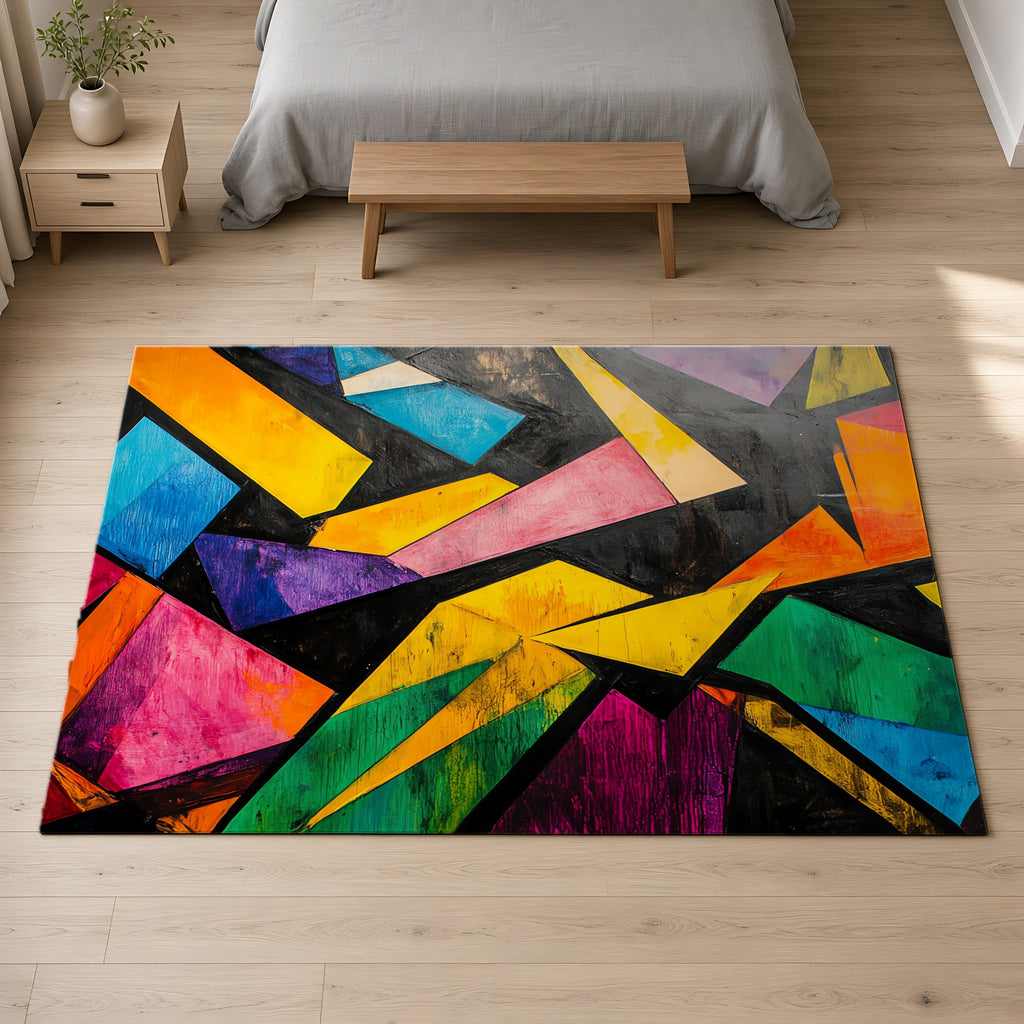 Shattered Prism Geometry Outdoor Rug on a pale oak floor in a calm bedroom