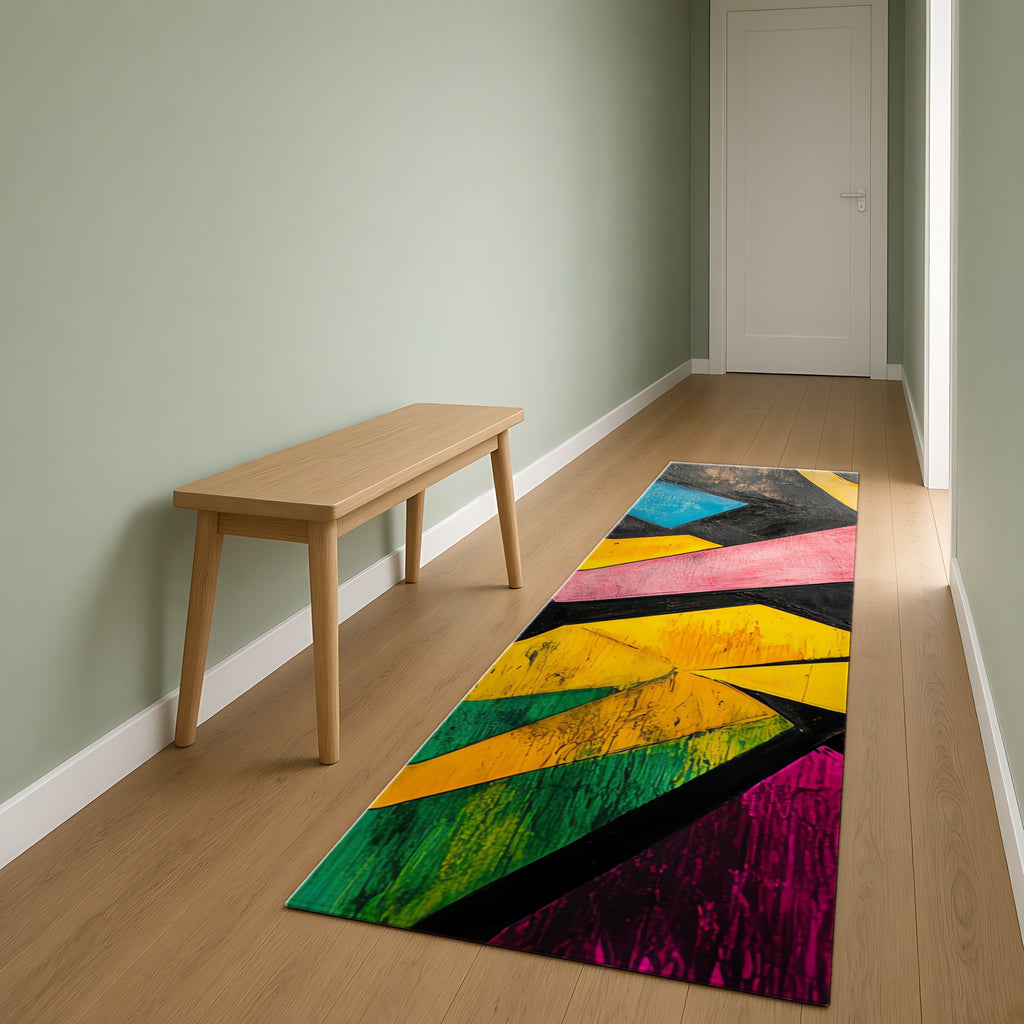 Shattered Prism Geometry Outdoor Rug as a runner in a sage-green hallway