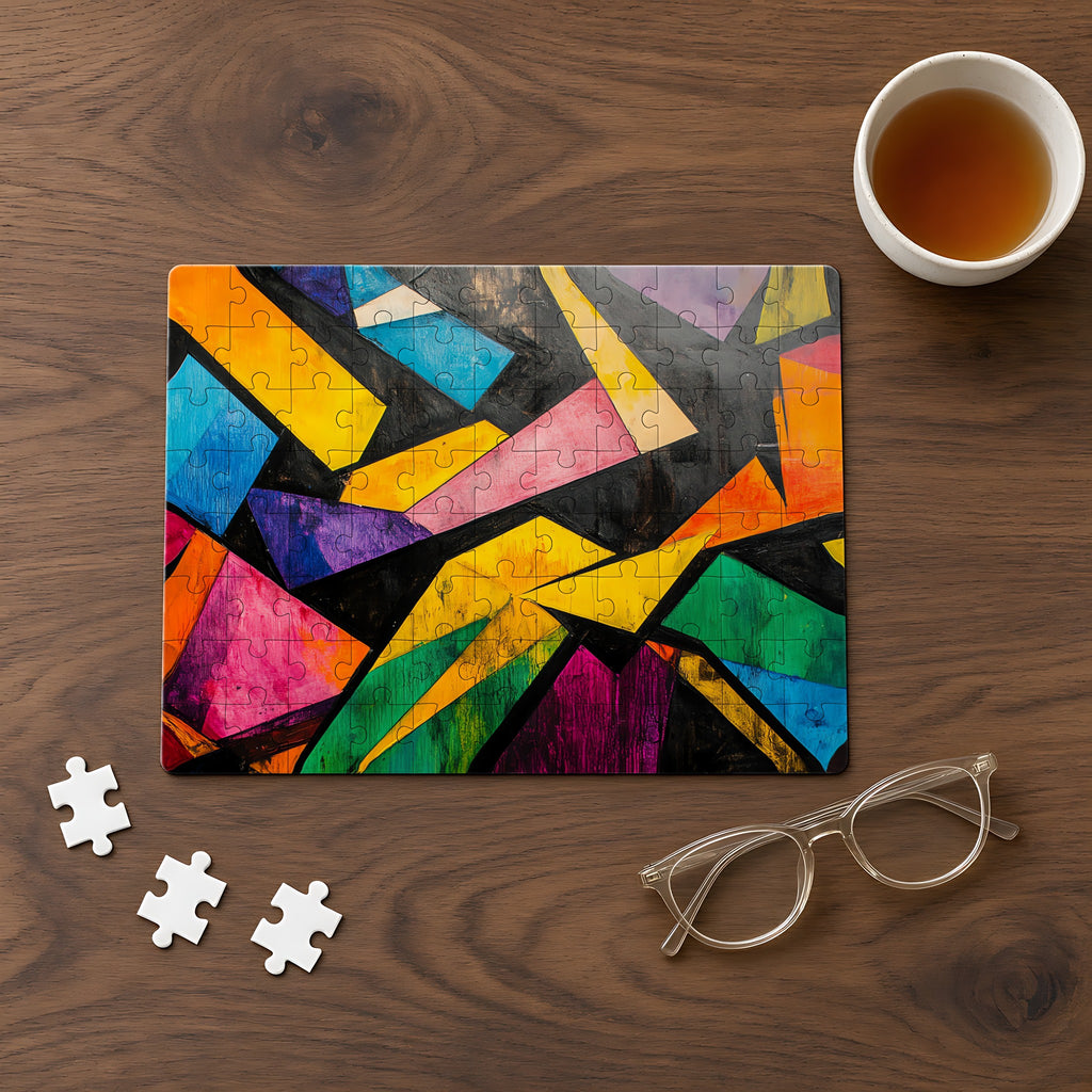 Shattered Prism Geometry Jigsaw Puzzle with Tin completed on a walnut table