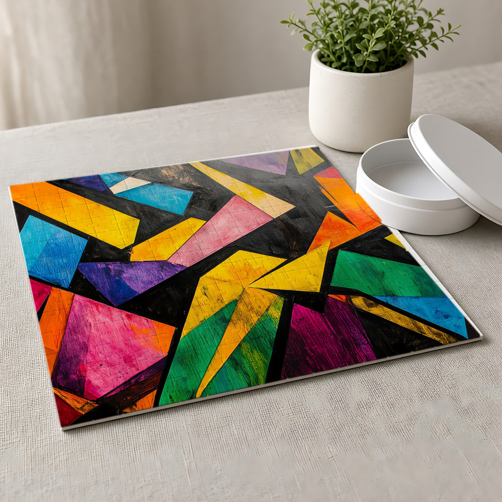 Shattered Prism Geometry Jigsaw Puzzle with Tin completed on a linen tablecloth