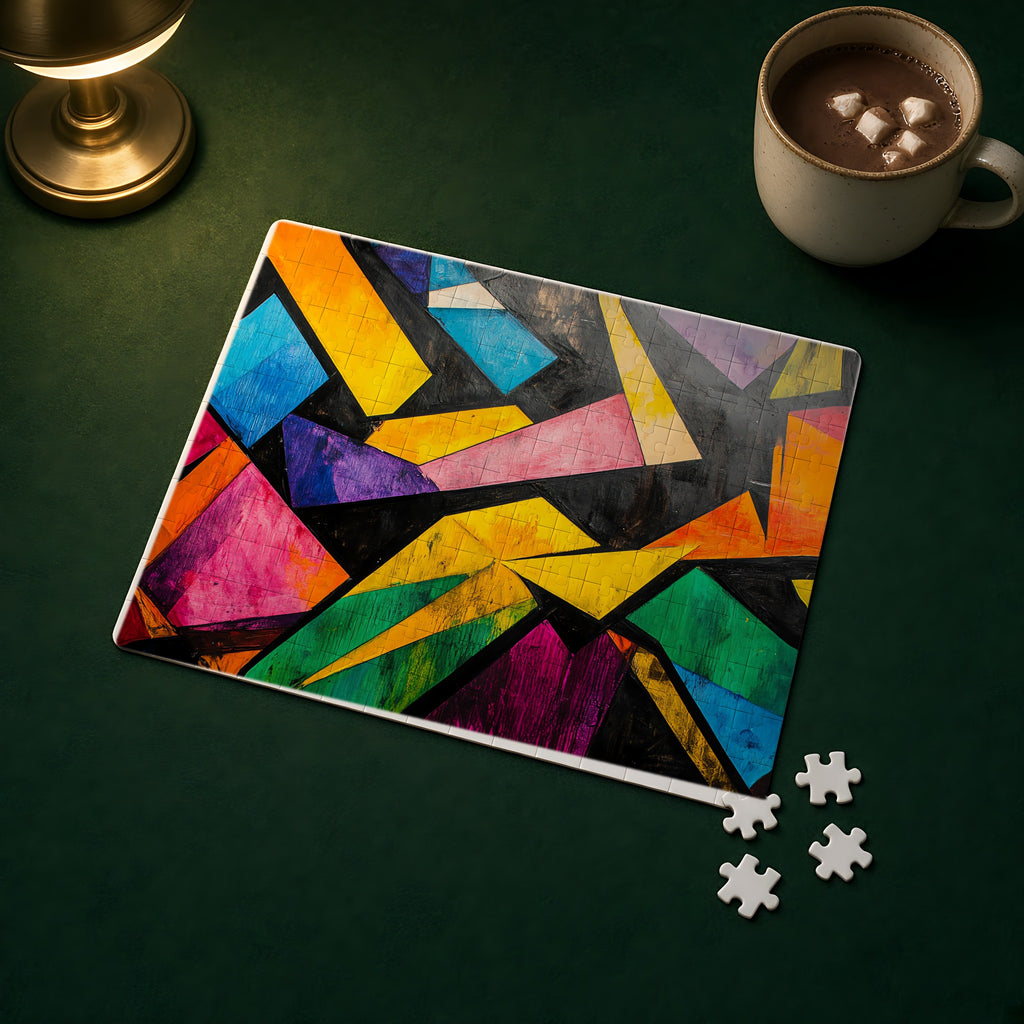 Shattered Prism Geometry Jigsaw Puzzle with Tin completed on a green games table
