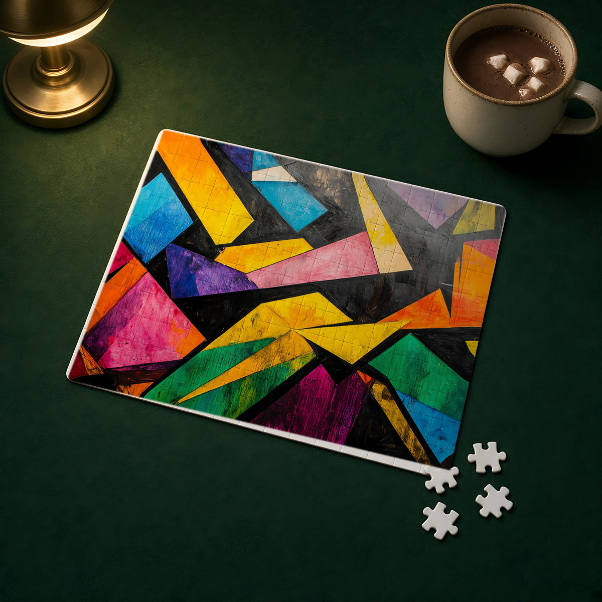 Shattered Prism Geometry Jigsaw Puzzle with Tin completed on a green games table