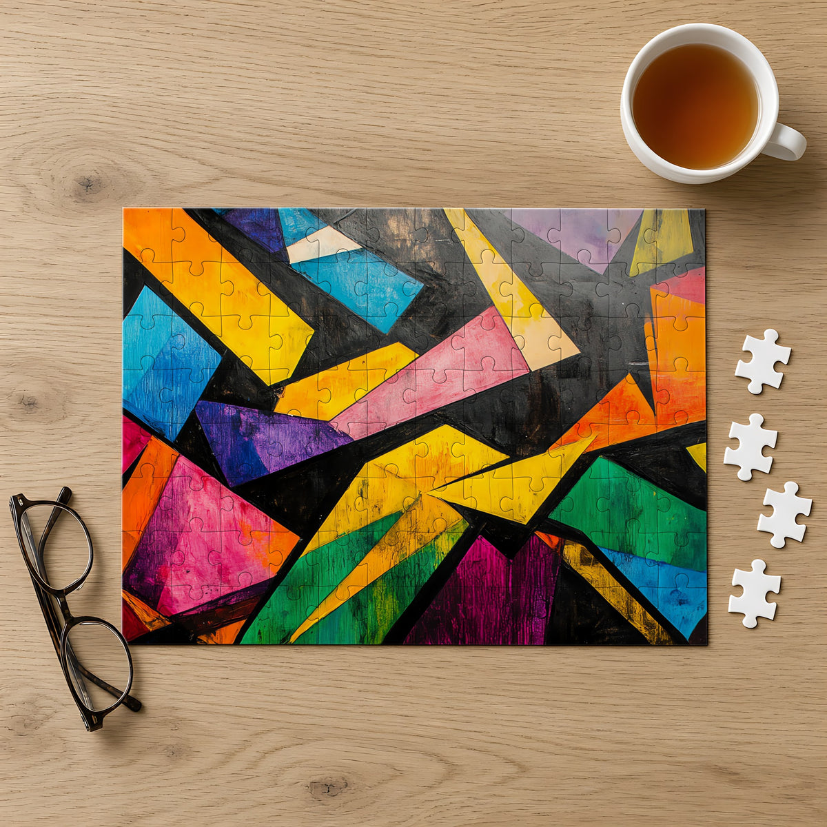 Shattered Prism Geometry Jigsaw Puzzle with Tin completed on a light oak table with a cup of tea