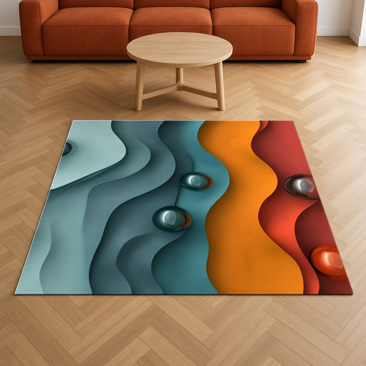 Teal Coral Waves Outdoor Rug on a herringbone wood floor in a living room