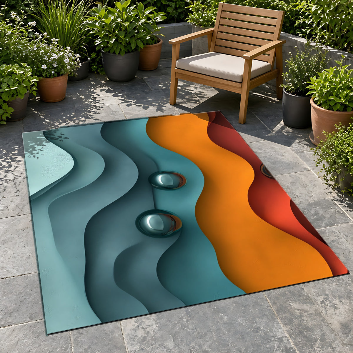 Teal Coral Waves Outdoor Rug on a stone patio with potted plants