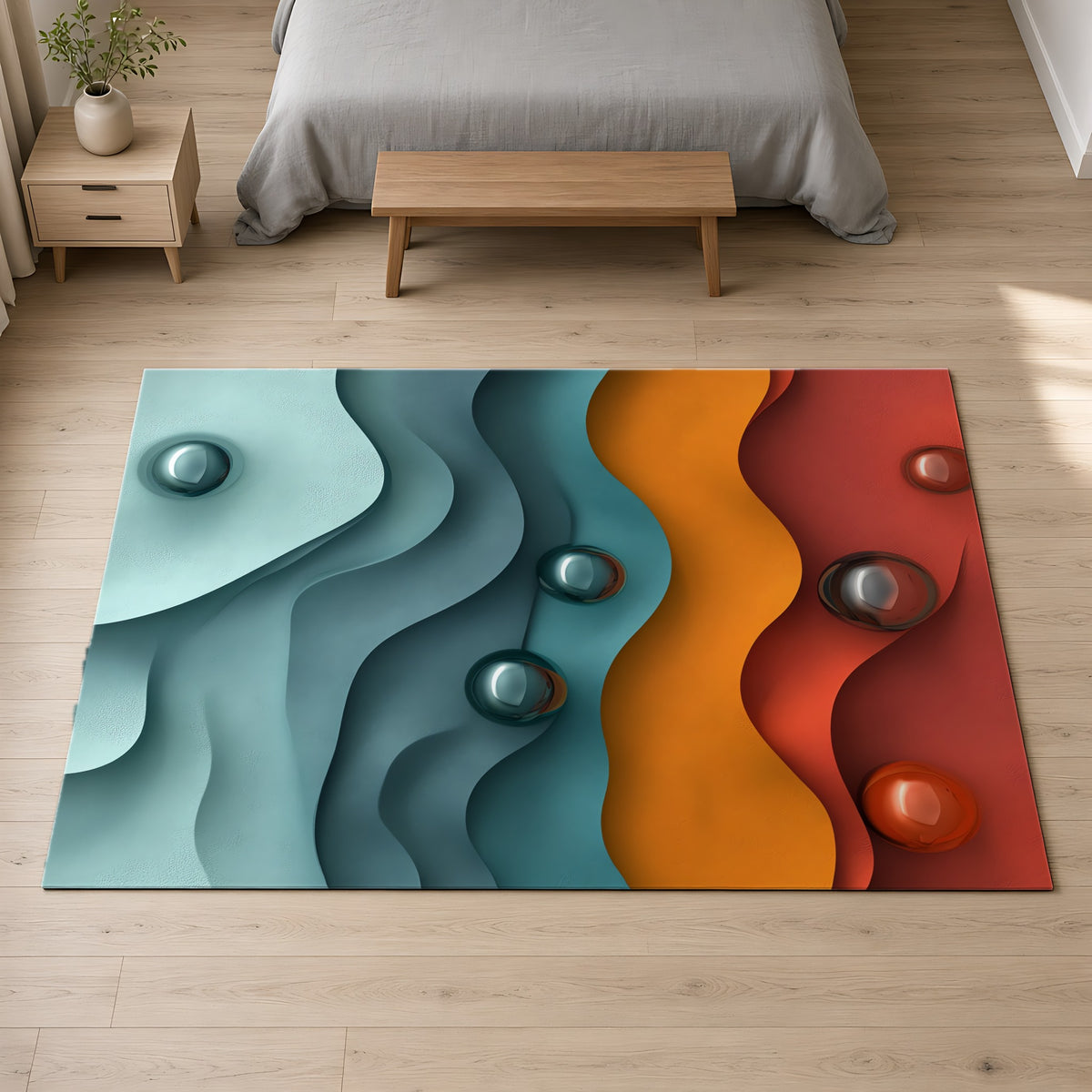 Teal Coral Waves Outdoor Rug on a pale oak floor in a calm bedroom