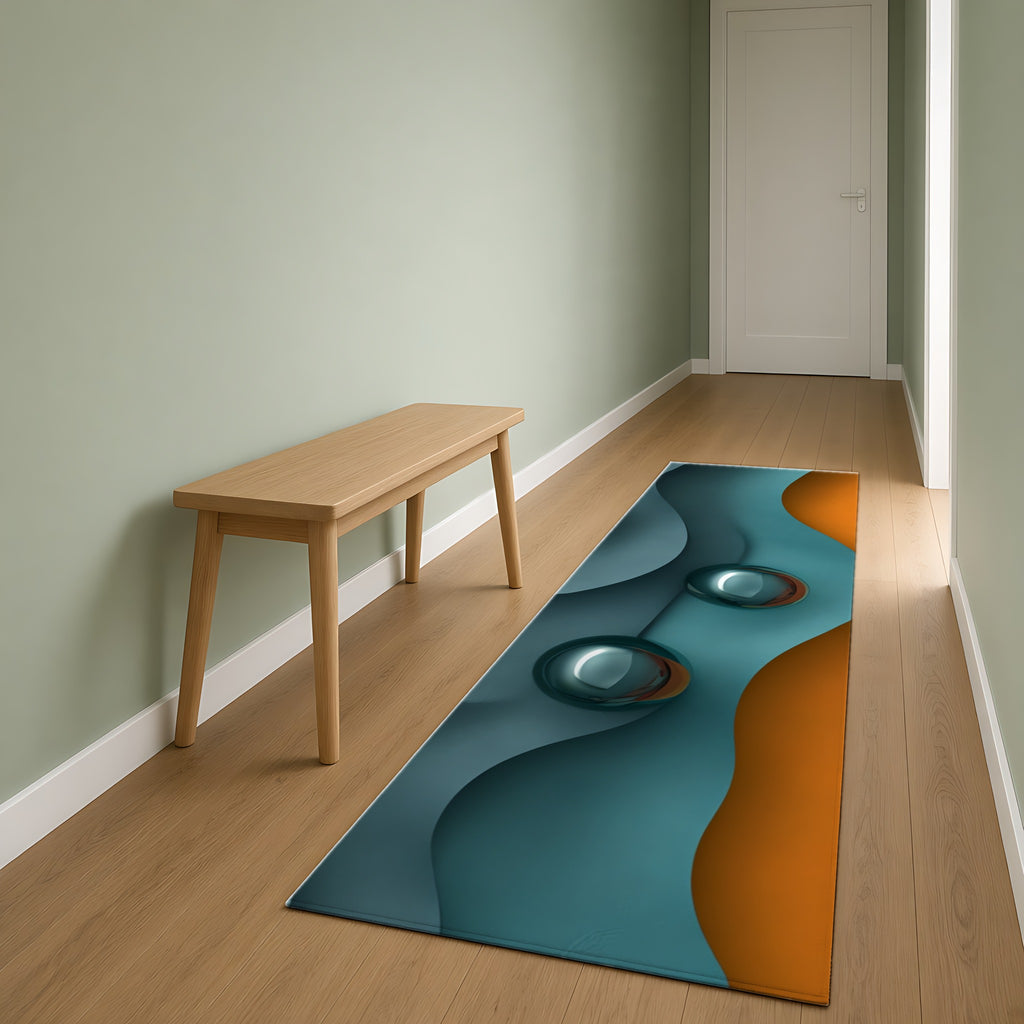Teal Coral Waves Outdoor Rug as a runner in a sage-green hallway