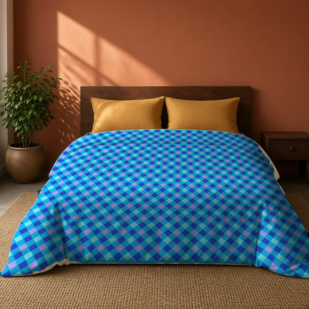 Jewel Harlequin Check Comforter on a king bed against a warm terracotta wall