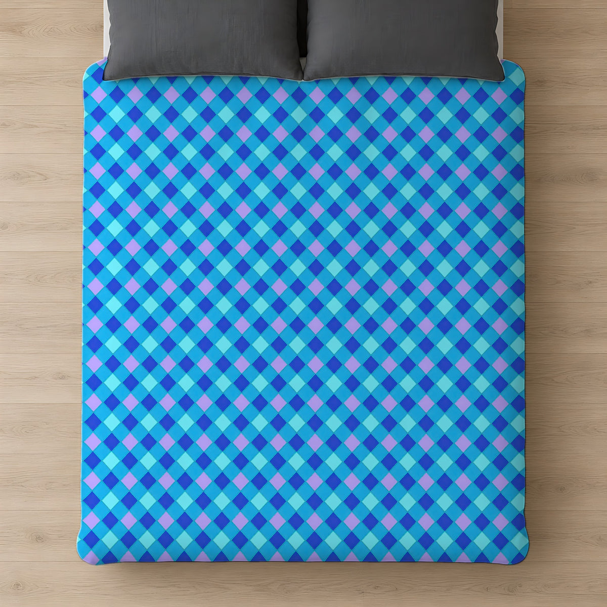 Jewel Harlequin Check Comforter on a bed, seen from above
