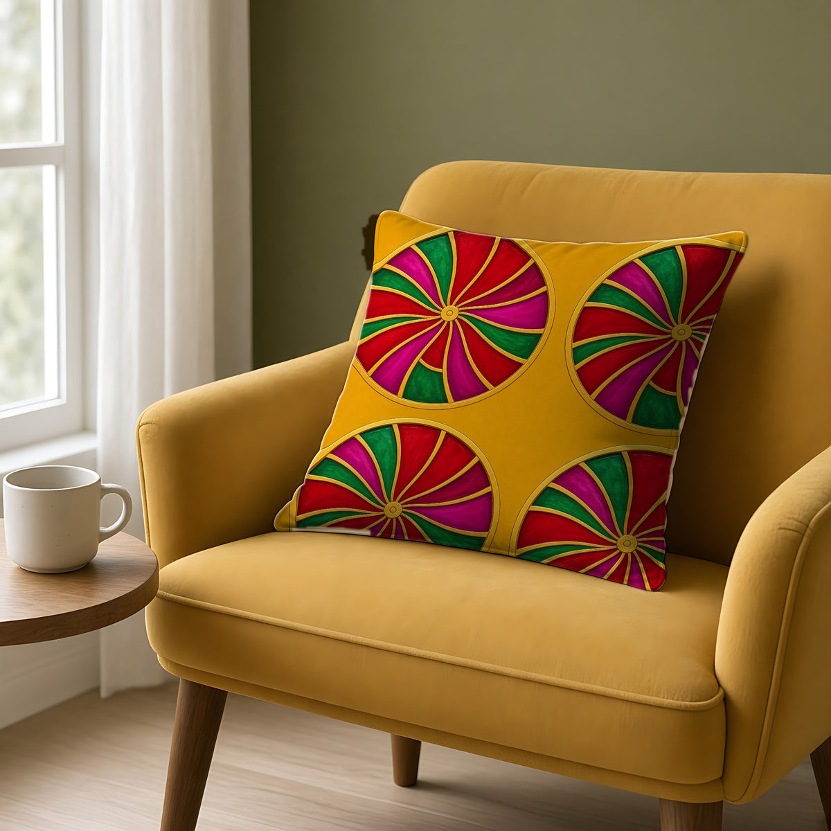 Grand Kaleido Jewel Wheels Faux Suede Cushion on a mustard armchair by a window