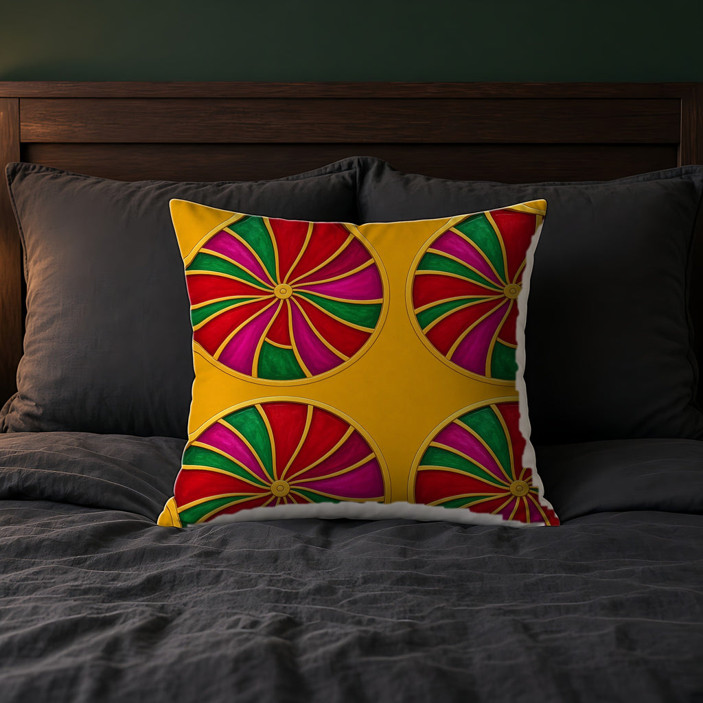 Grand Kaleido Jewel Wheels Faux Suede Cushion on a bed with charcoal bedding