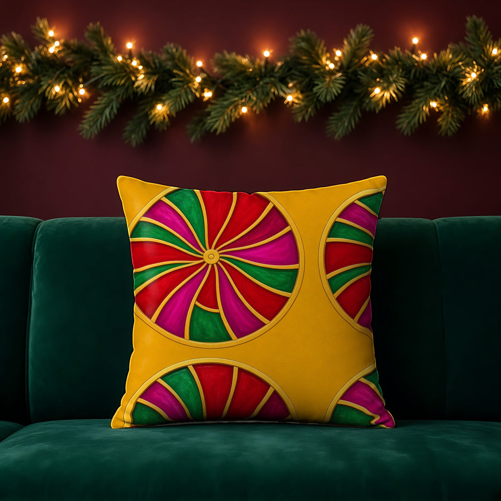 Grand Kaleido Jewel Wheels faux suede cushion in the Christmas Jewel Bright palette, on an emerald sofa in a festive room with a garland and fairy lights