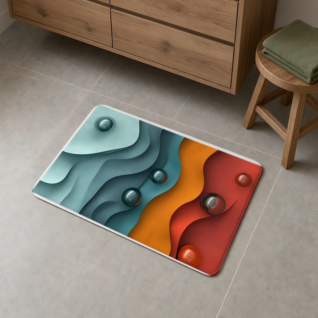 Teal Coral Waves Bath Mat on a grey tiled bathroom floor