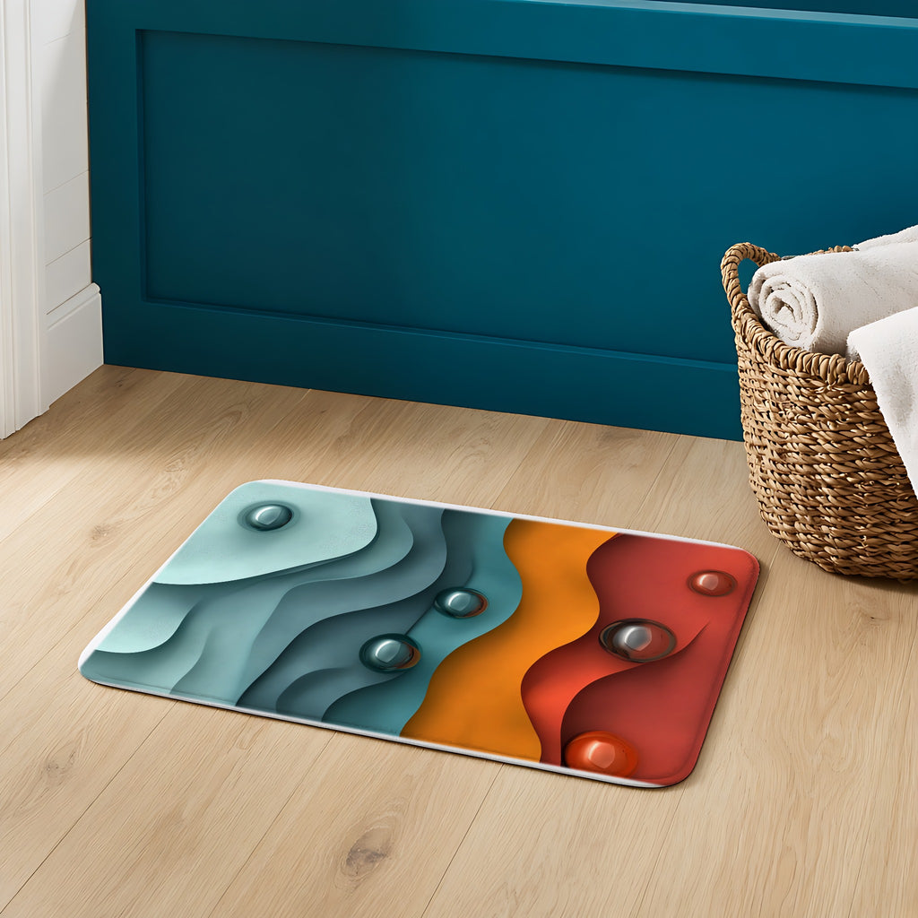 Teal Coral Waves Bath Mat on an oak floor in a teal bathroom