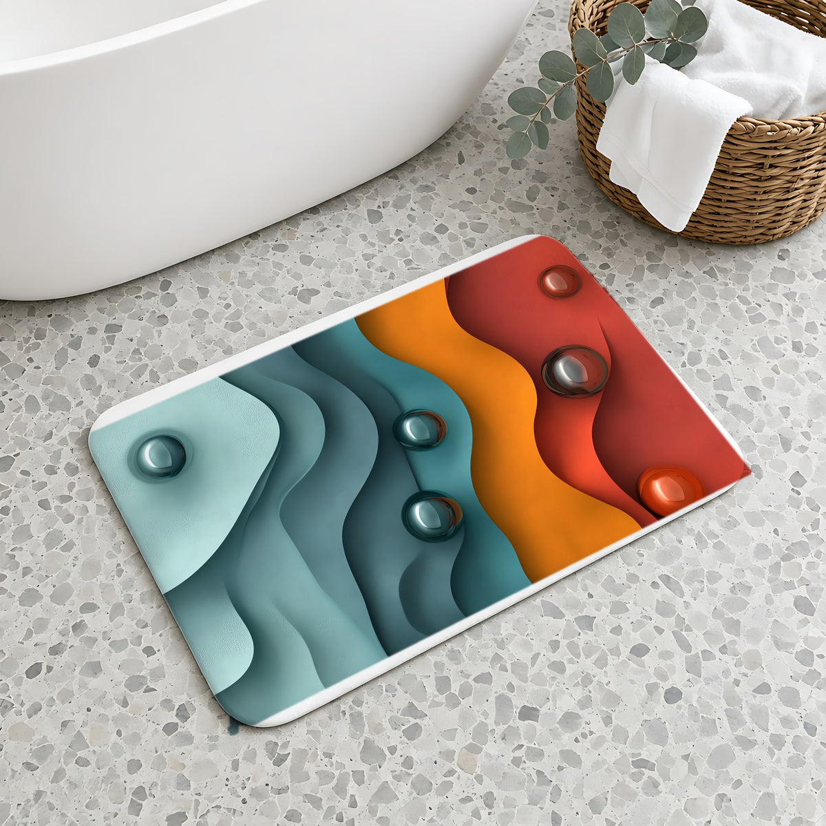 Teal Coral Waves Bath Mat on a terrazzo floor beside a freestanding bath