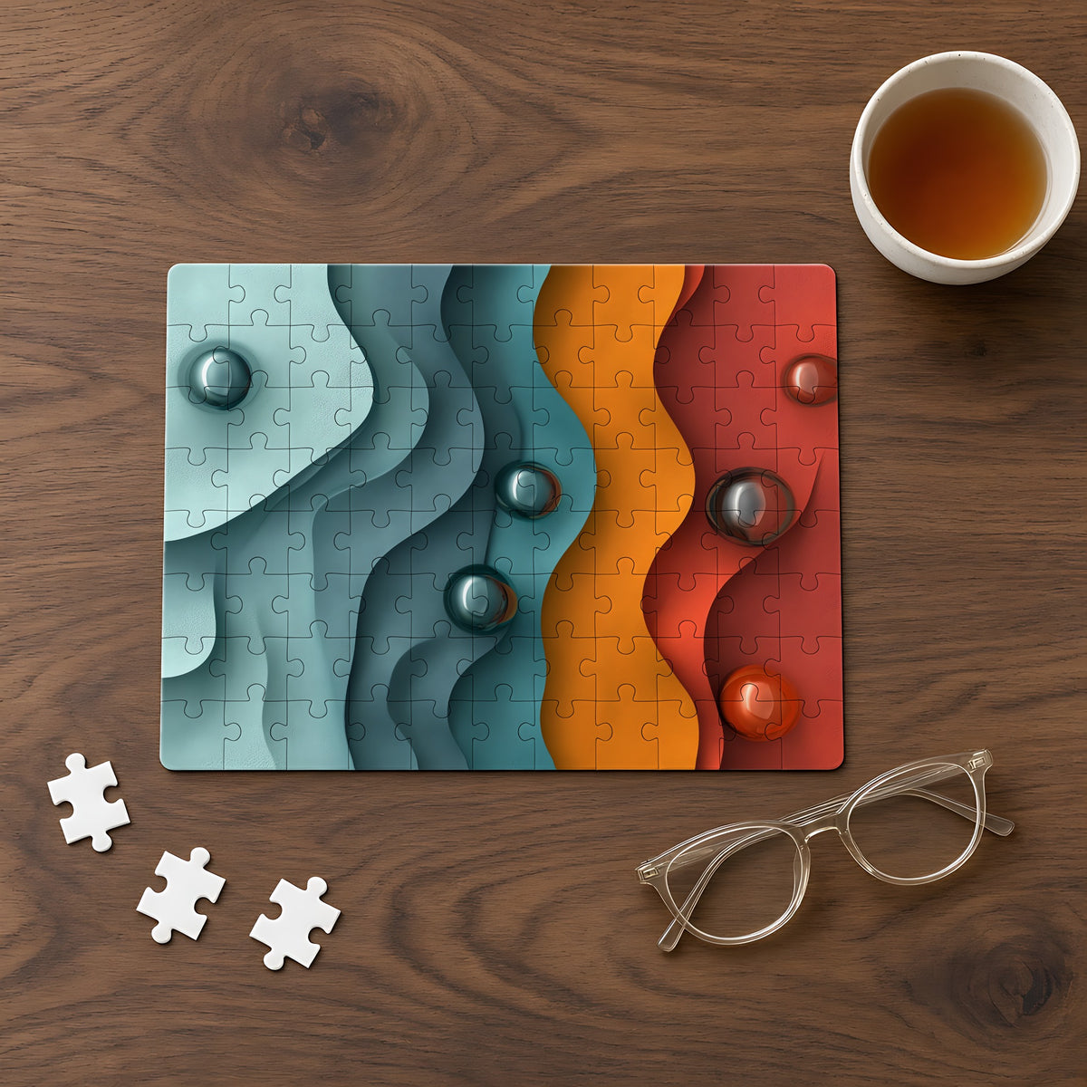 Teal Coral Waves Jigsaw Puzzle with Tin completed on a walnut table