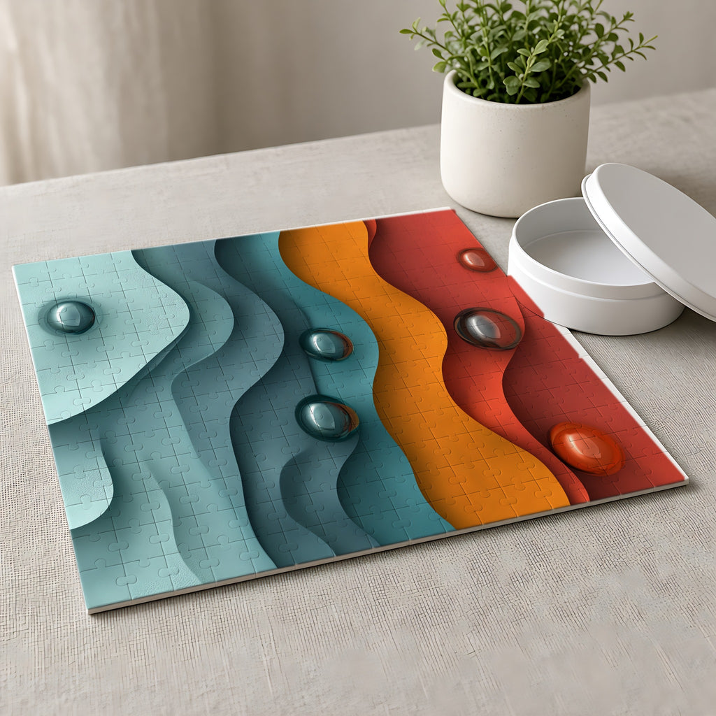 Teal Coral Waves Jigsaw Puzzle with Tin completed on a linen tablecloth