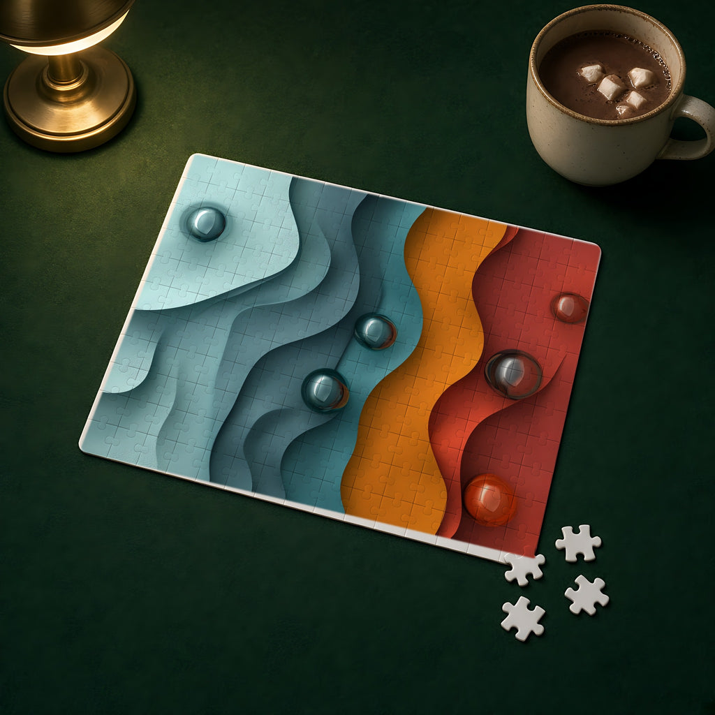 Teal Coral Waves Jigsaw Puzzle with Tin completed on a green games table
