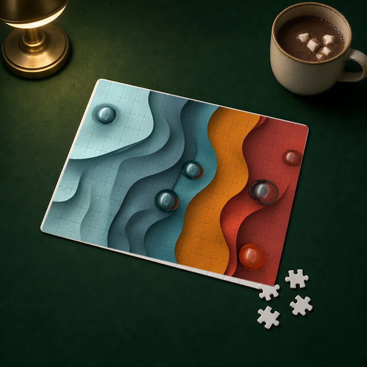 Teal Coral Waves Jigsaw Puzzle with Tin completed on a green games table