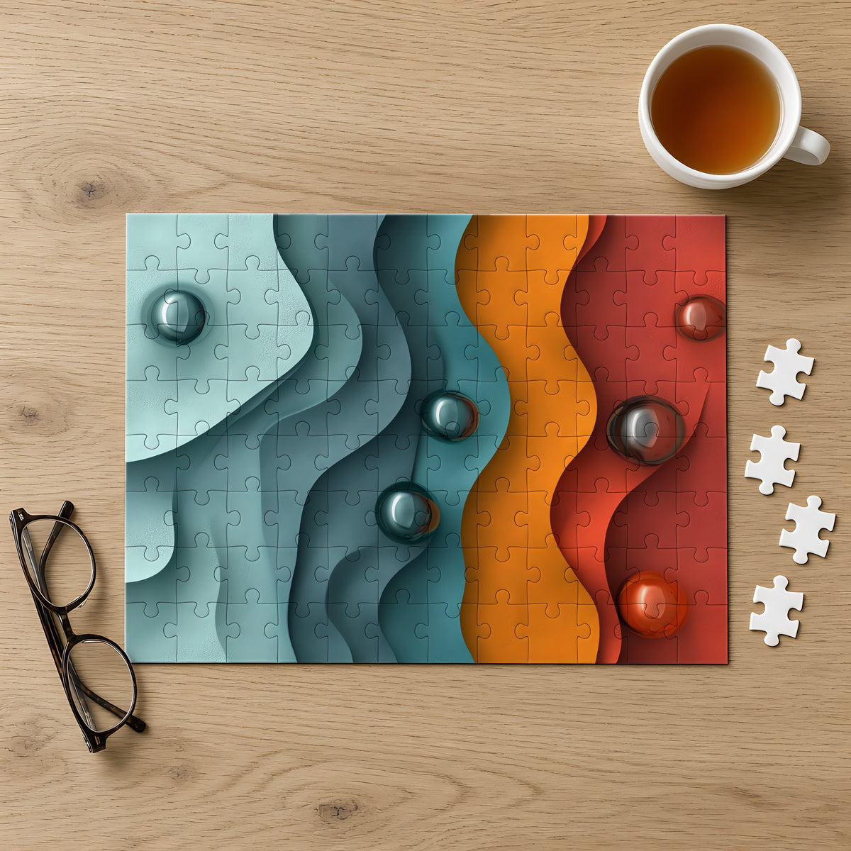 Teal Coral Waves Jigsaw Puzzle with Tin completed on a light oak table with a cup of tea
