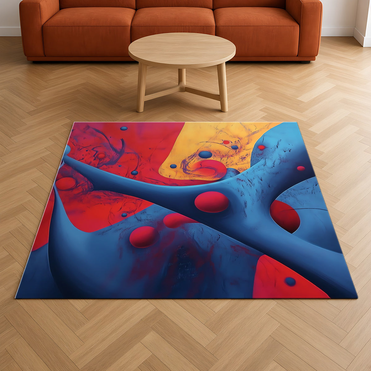 Surreal Red Flow Outdoor Rug on a herringbone wood floor in a living room