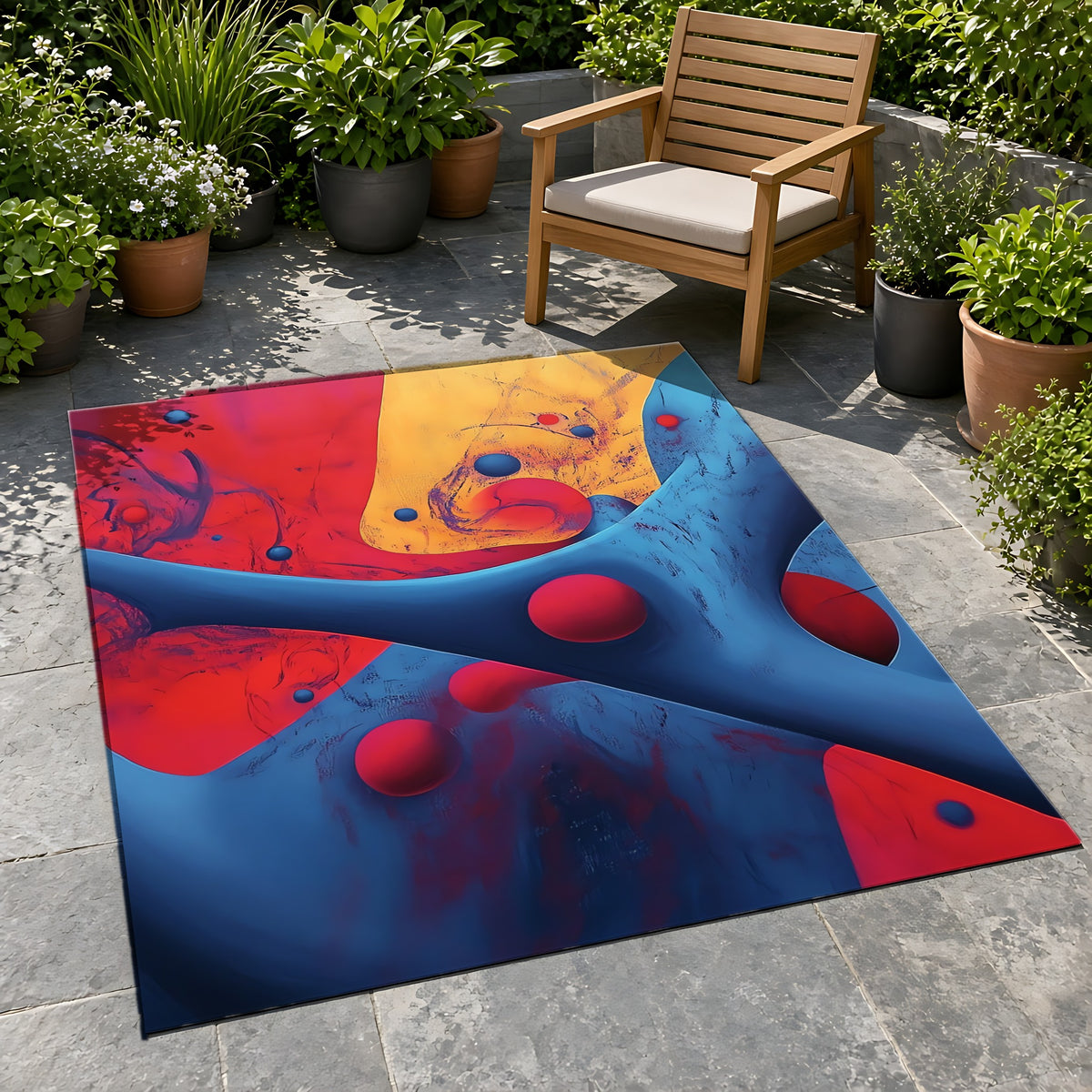 Surreal Red Flow Outdoor Rug on a stone patio with potted plants