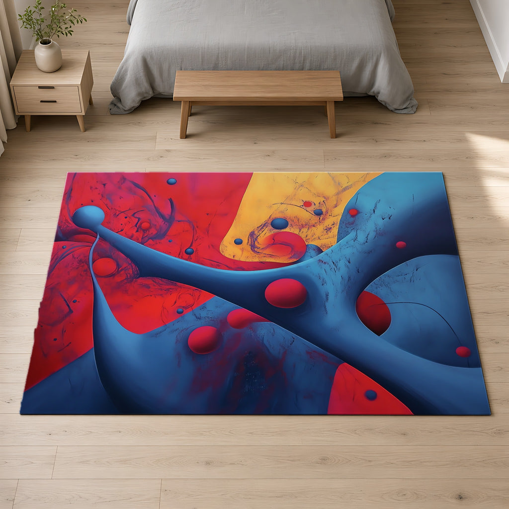 Surreal Red Flow Outdoor Rug on a pale oak floor in a calm bedroom
