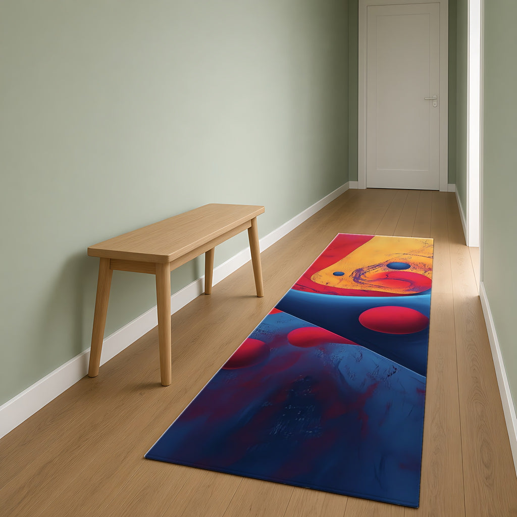 Surreal Red Flow Outdoor Rug as a runner in a sage-green hallway