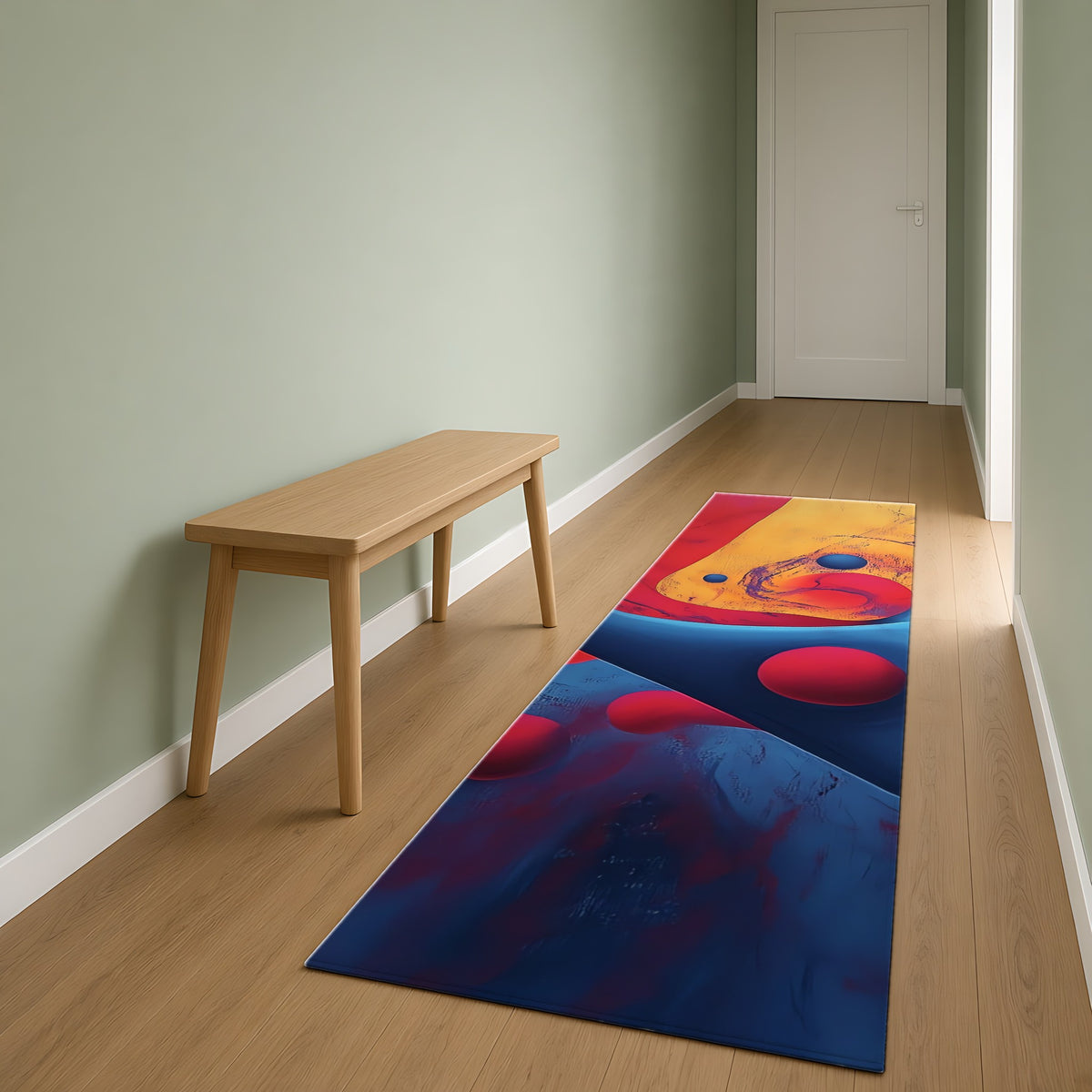Surreal Red Flow Outdoor Rug as a runner in a sage-green hallway