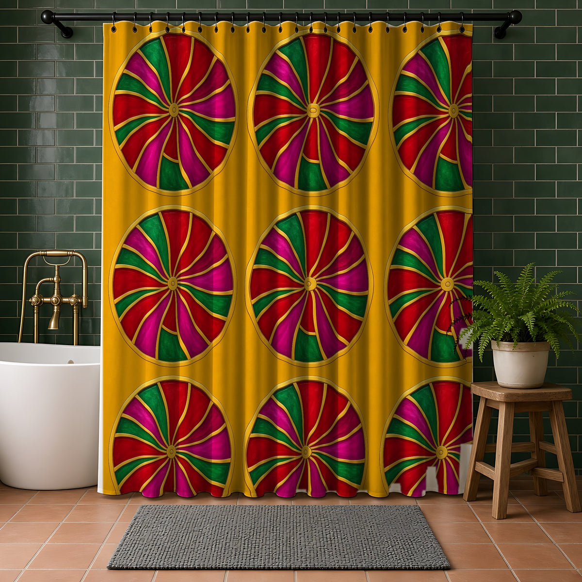 Grand Kaleido Jewel Wheels Shower Curtain in a bathroom with dark green tiles