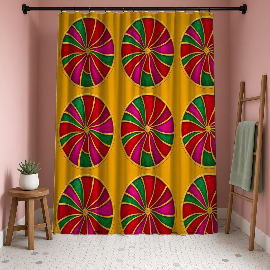 Grand Kaleido Jewel Wheels Shower Curtain in a blush-pink bathroom