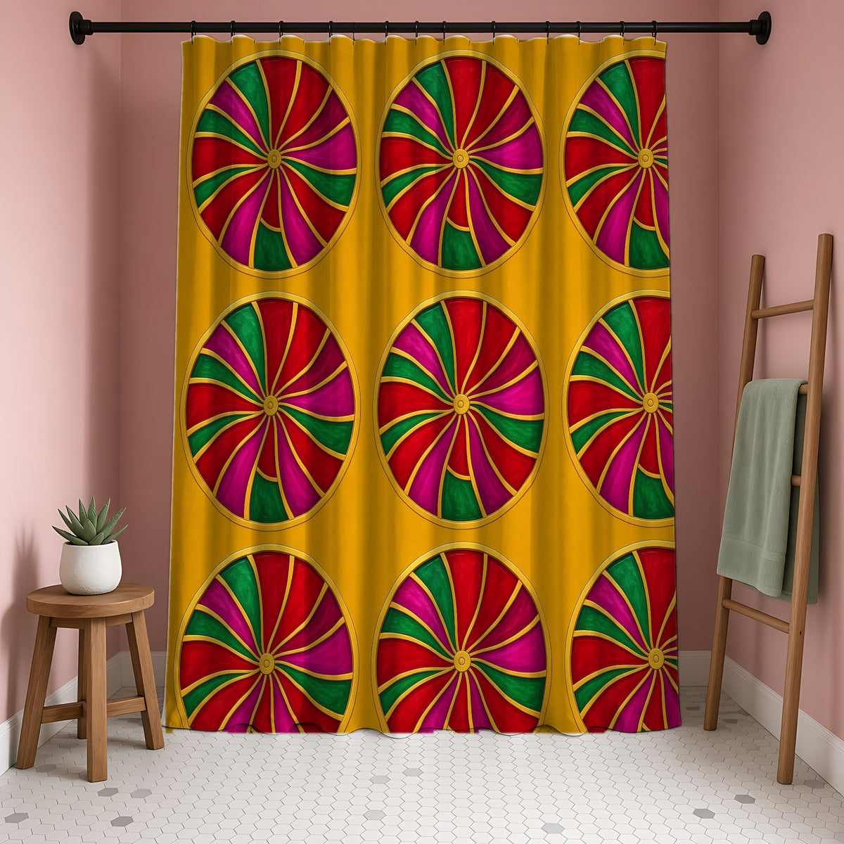 Grand Kaleido Jewel Wheels Shower Curtain in a blush-pink bathroom