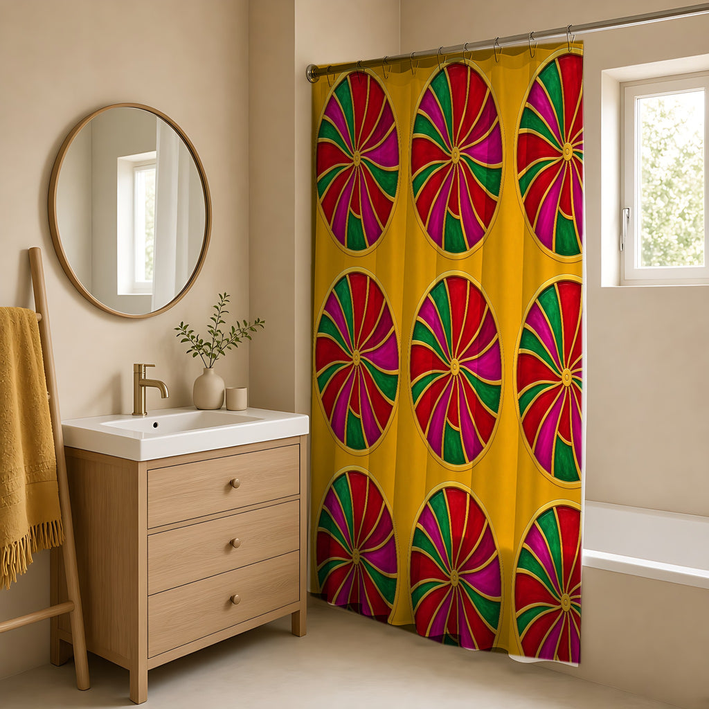 Grand Kaleido Jewel Wheels Shower Curtain in a warm neutral bathroom with an oak vanity