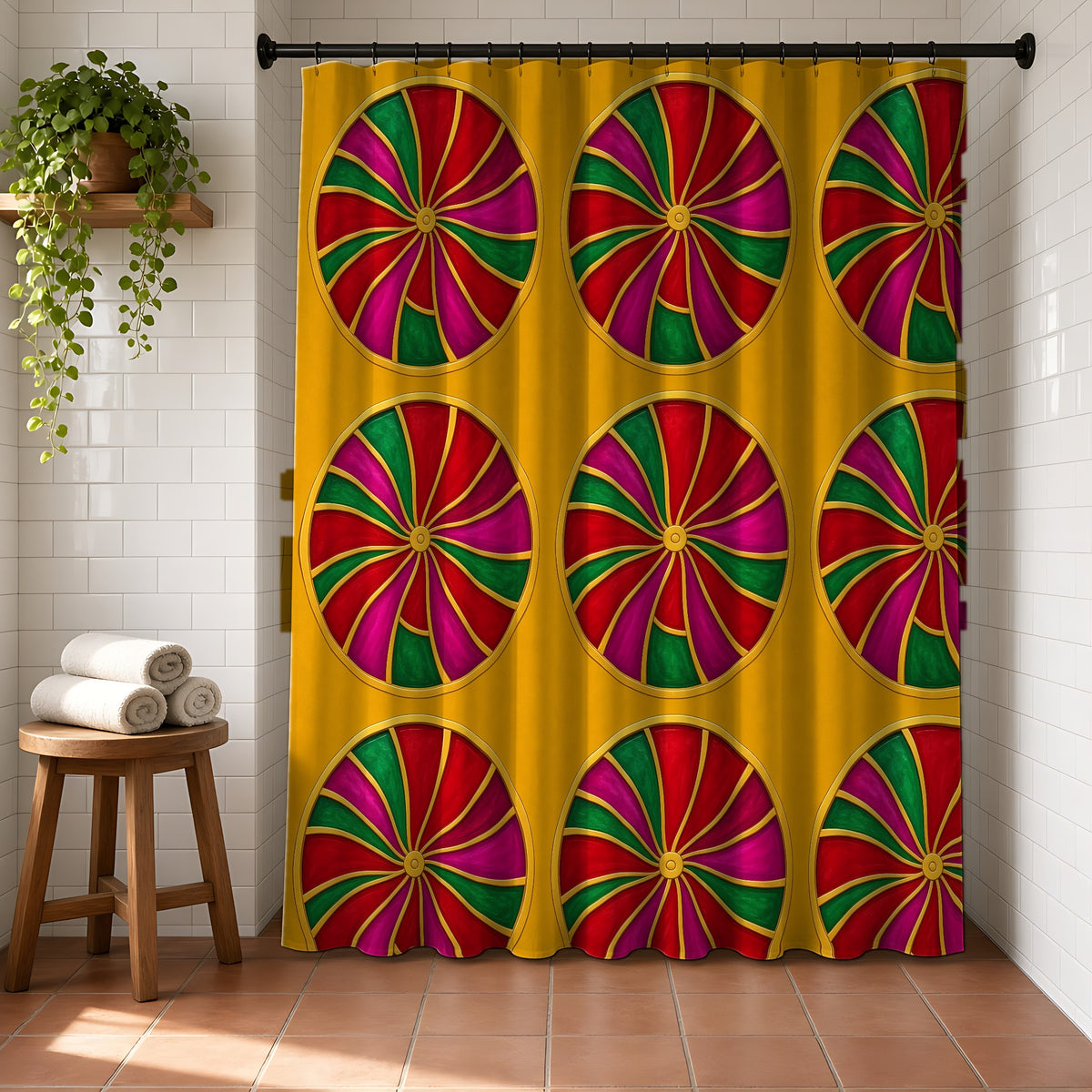 Grand Kaleido Jewel Wheels Shower Curtain in a bright bathroom with white tiles and a terracotta floor