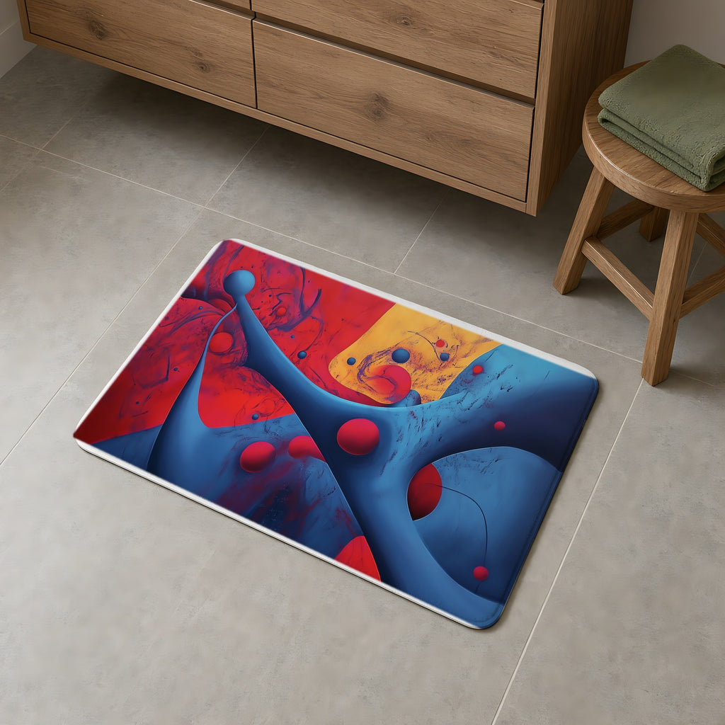Surreal Red Flow Bath Mat on a grey tiled bathroom floor