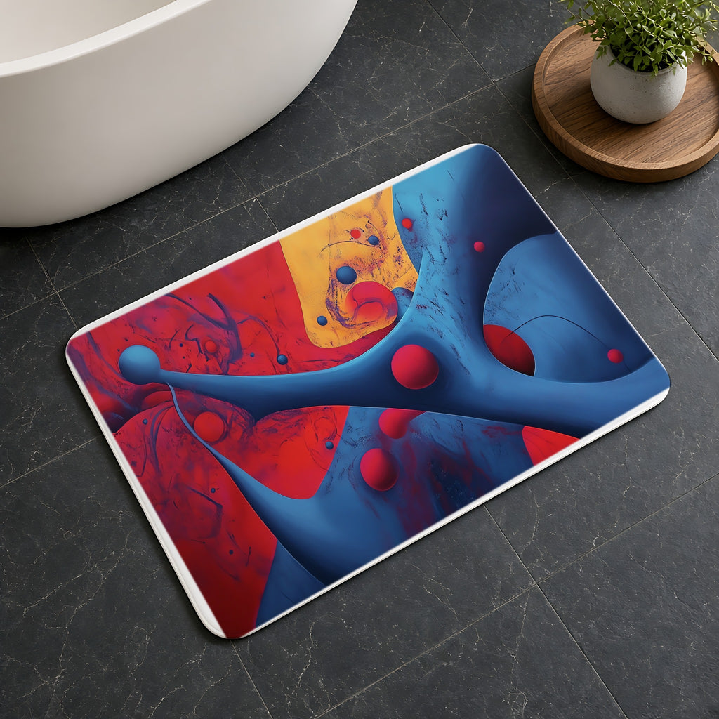 Surreal Red Flow Bath Mat on a dark slate floor beside a bath