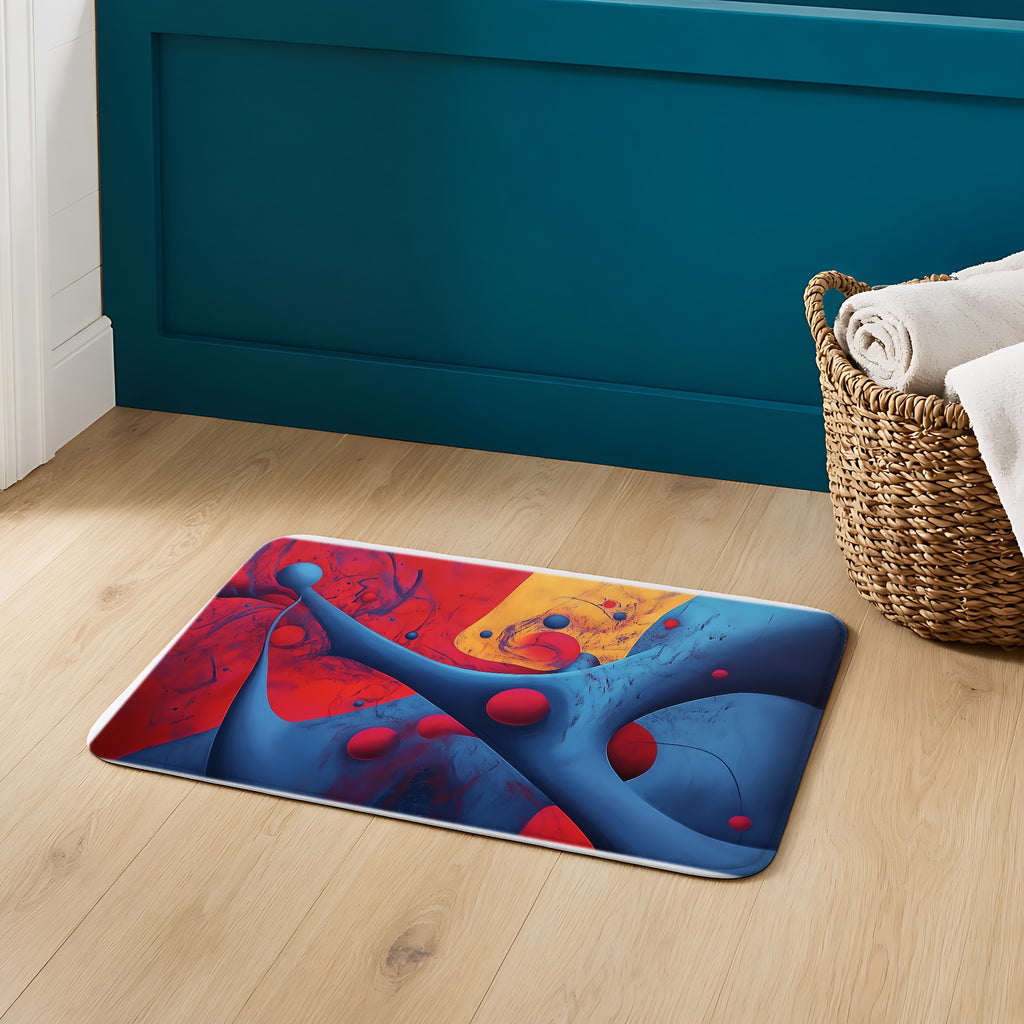 Surreal Red Flow Bath Mat on an oak floor in a teal bathroom