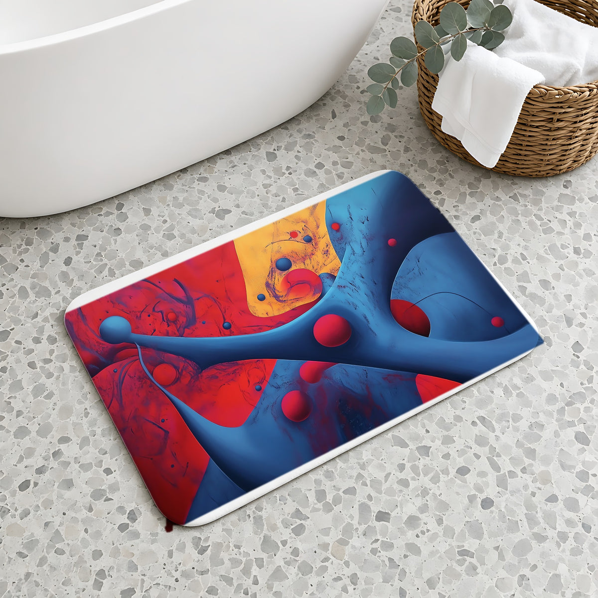 Surreal Red Flow Bath Mat on a terrazzo floor beside a freestanding bath