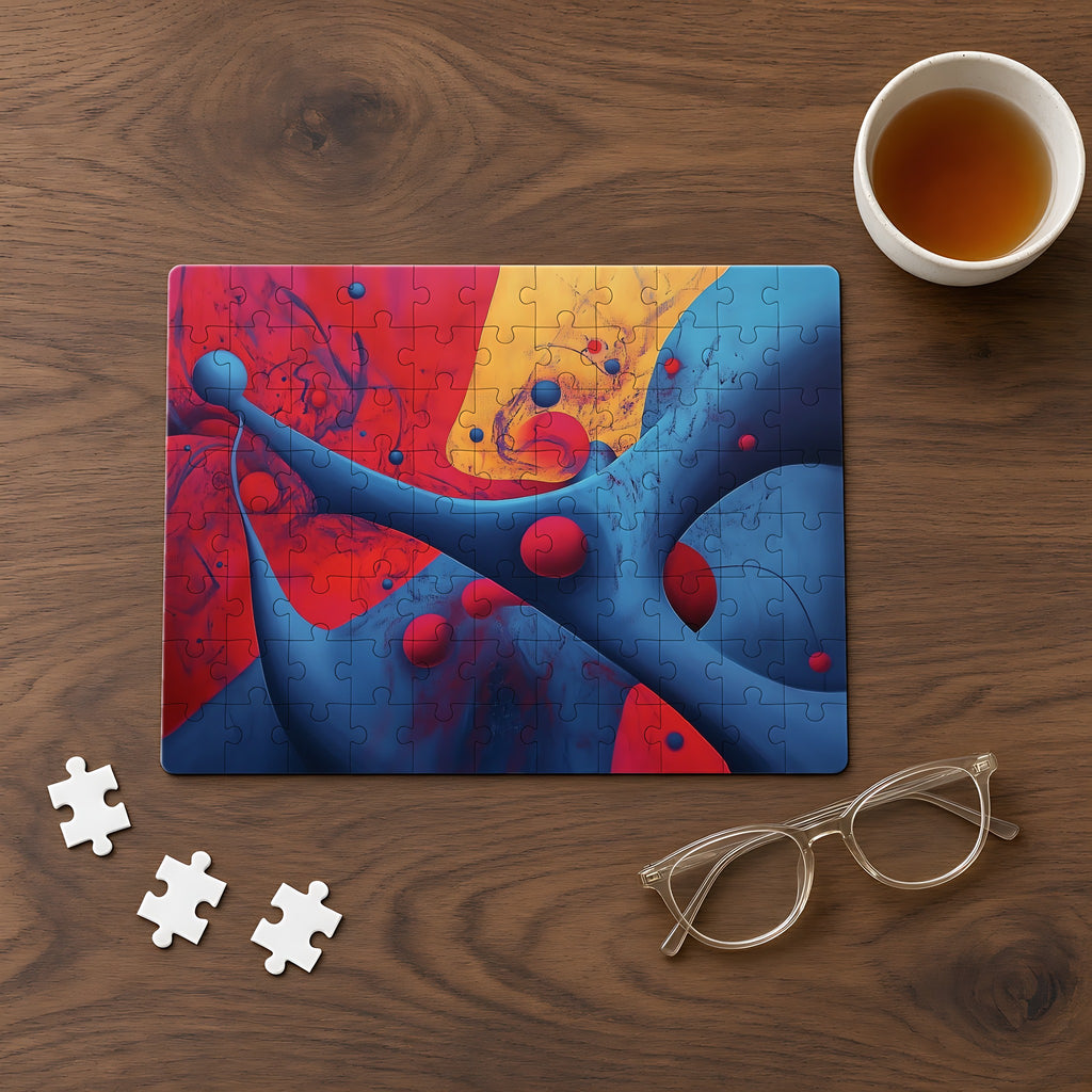 Surreal Red Flow Jigsaw Puzzle with Tin completed on a walnut table