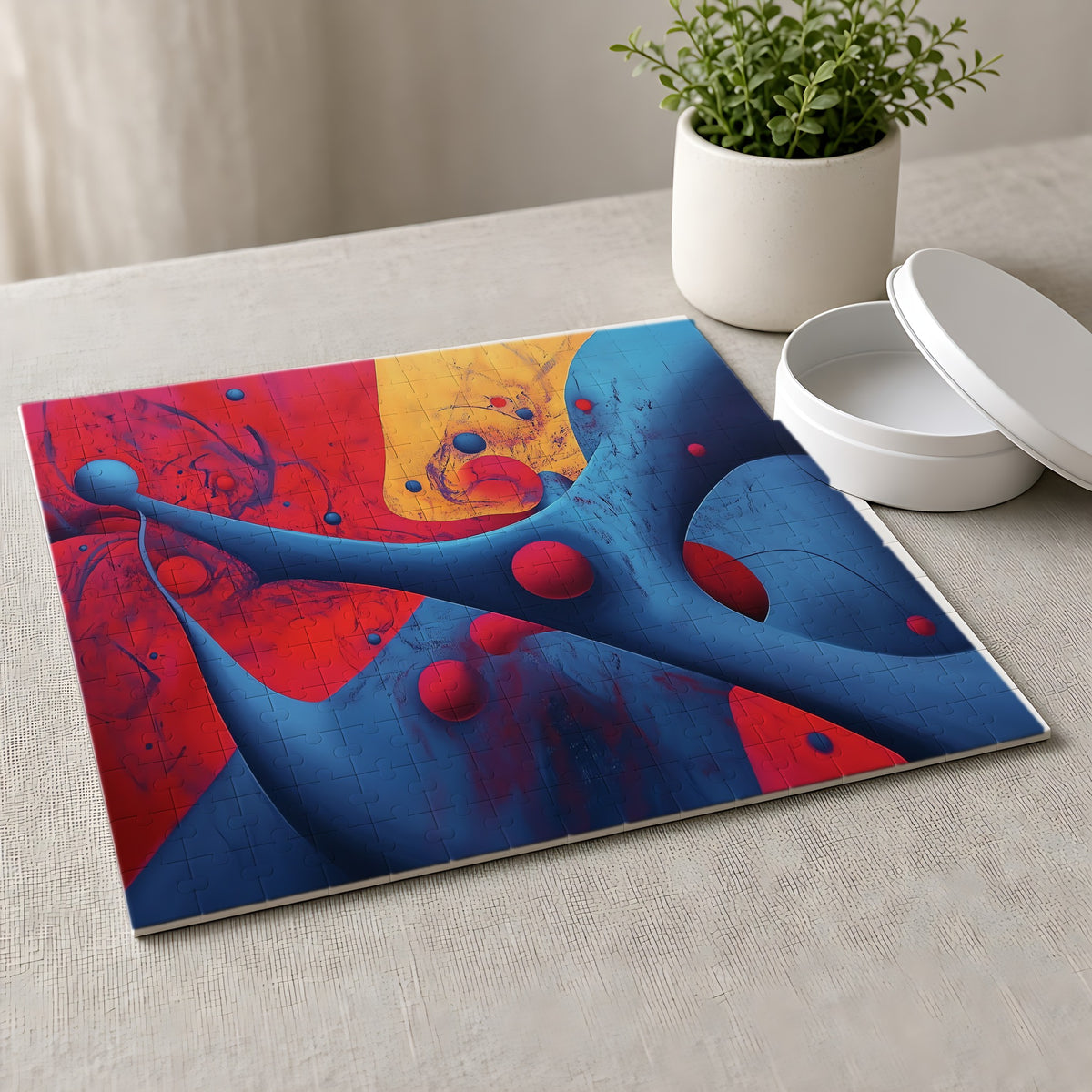 Surreal Red Flow Jigsaw Puzzle with Tin completed on a linen tablecloth