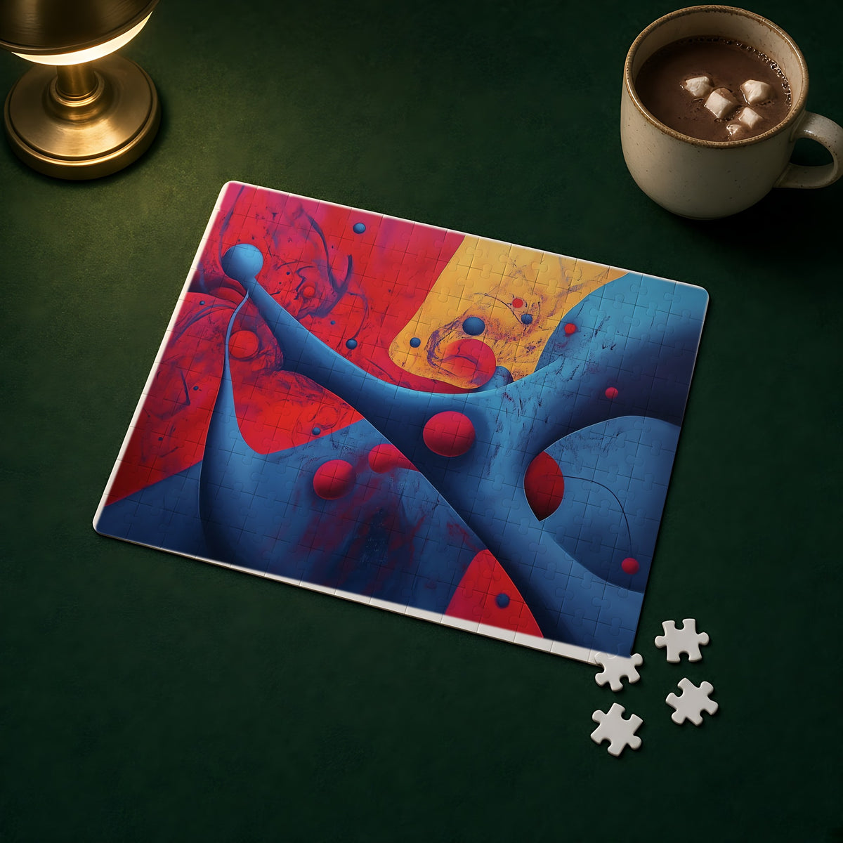 Surreal Red Flow Jigsaw Puzzle with Tin completed on a green games table