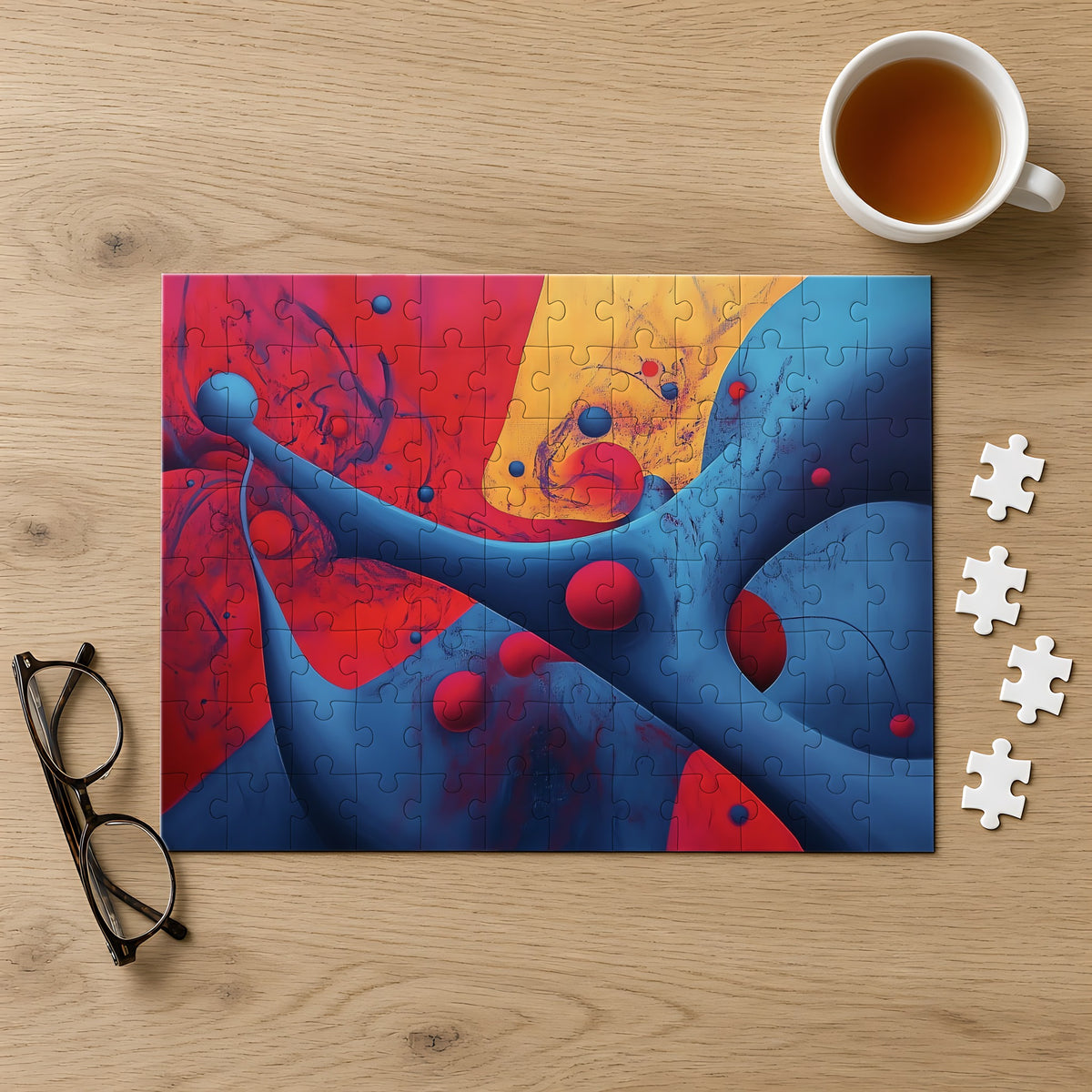 Surreal Red Flow Jigsaw Puzzle with Tin completed on a light oak table with a cup of tea