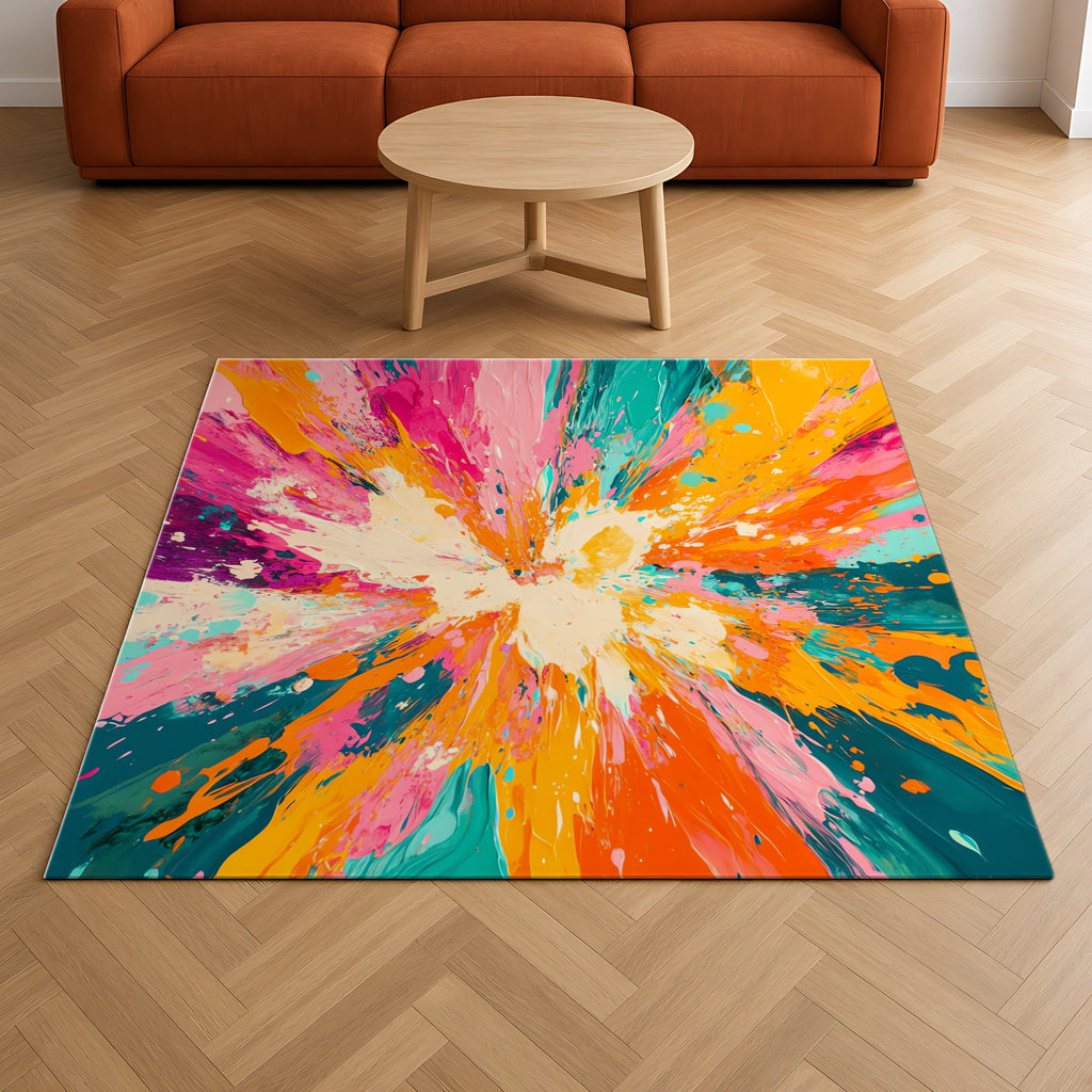 Sunburst Splash Outdoor Rug on a herringbone wood floor in a living room