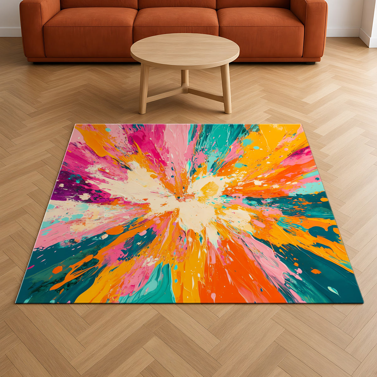 Sunburst Splash Outdoor Rug on a herringbone wood floor in a living room