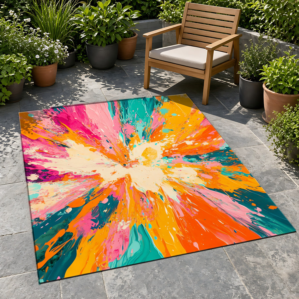 Sunburst Splash Outdoor Rug on a stone patio with potted plants