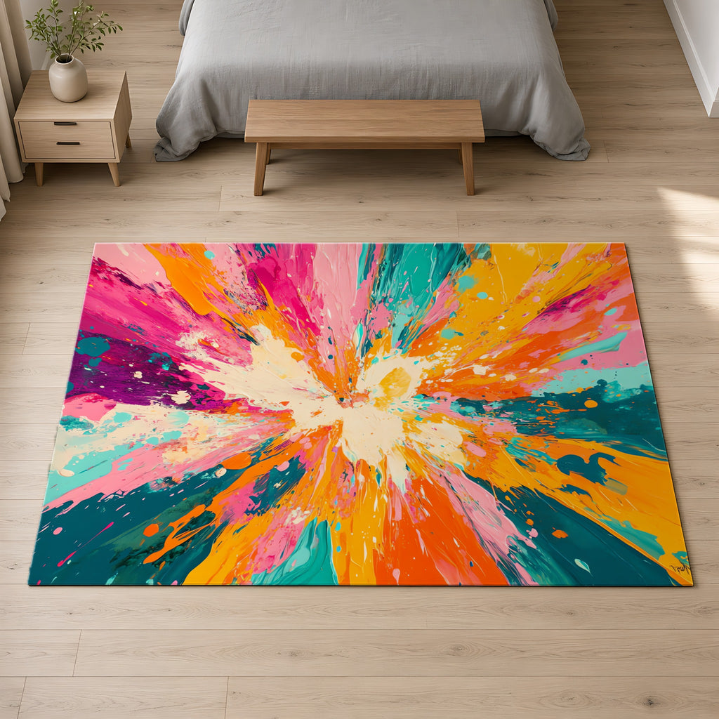 Sunburst Splash Outdoor Rug on a pale oak floor in a calm bedroom