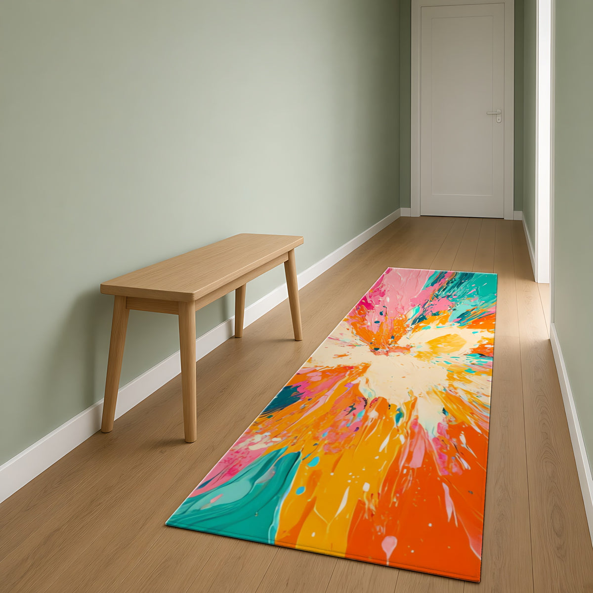 Sunburst Splash Outdoor Rug as a runner in a sage-green hallway