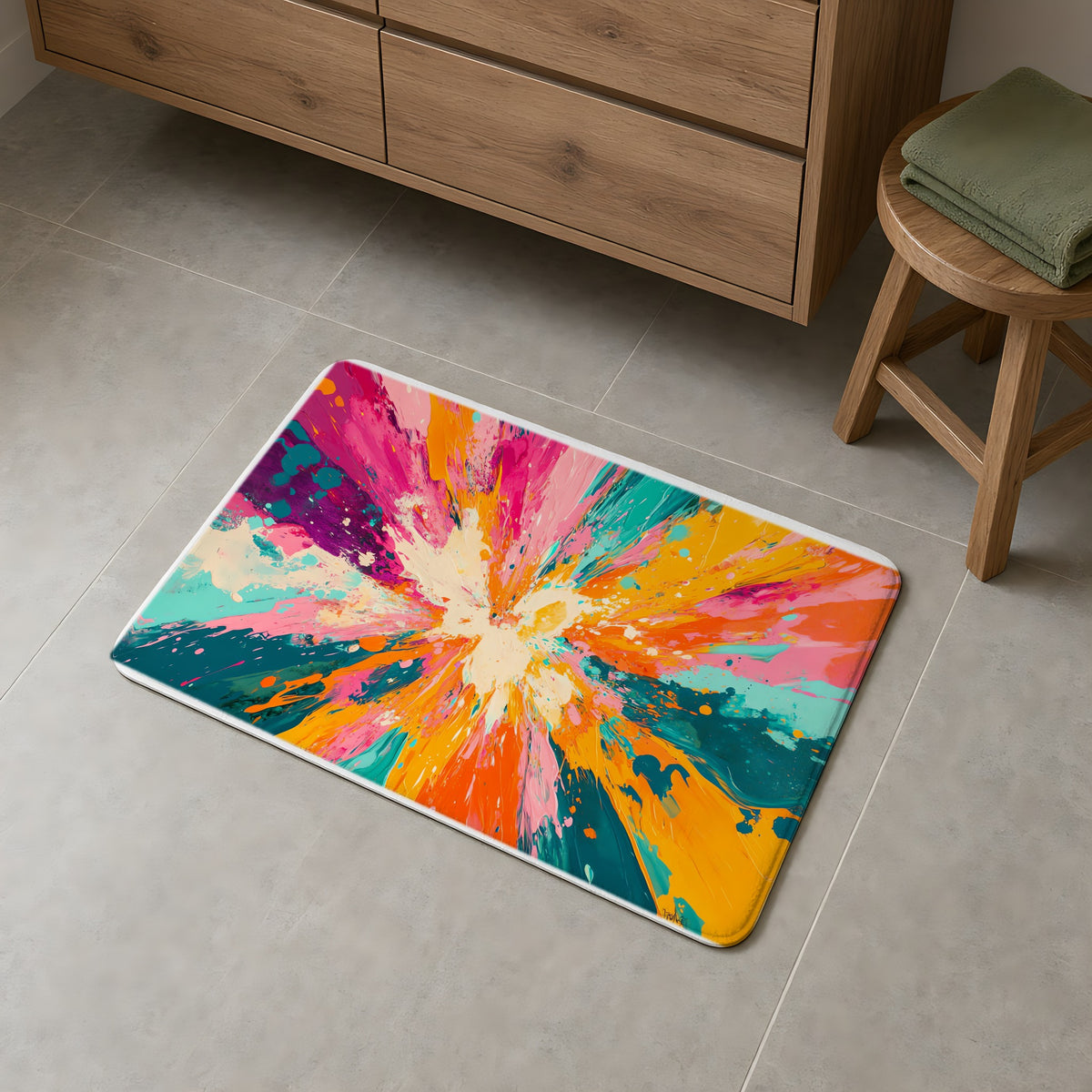 Sunburst Splash Bath Mat on a grey tiled bathroom floor