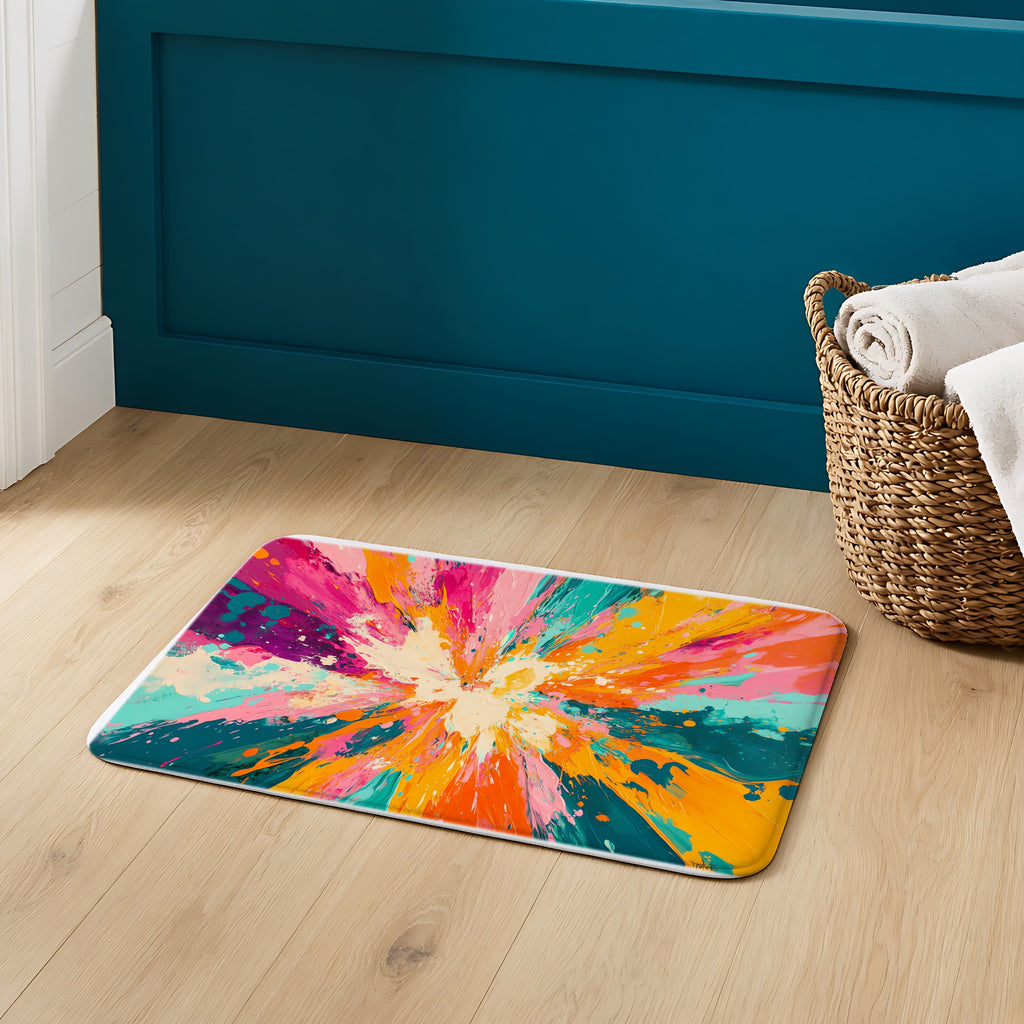 Sunburst Splash Bath Mat on an oak floor in a teal bathroom