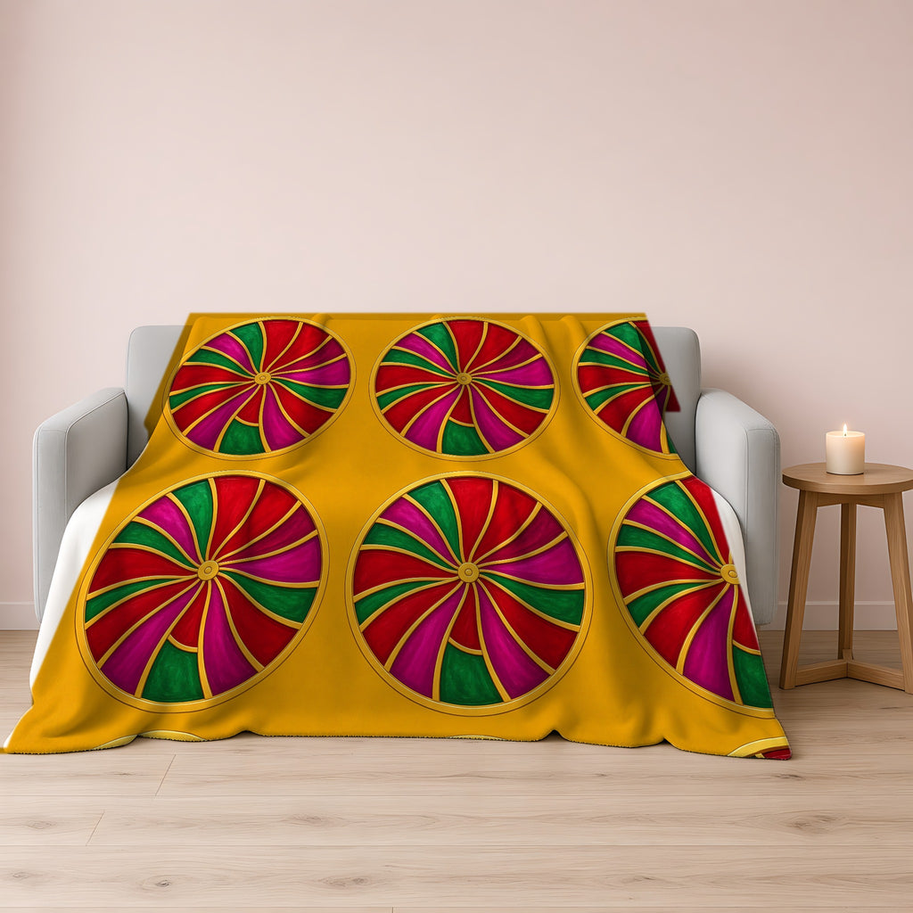 Grand Kaleido Jewel Wheels Sherpa Fleece Blanket draped over a grey sofa